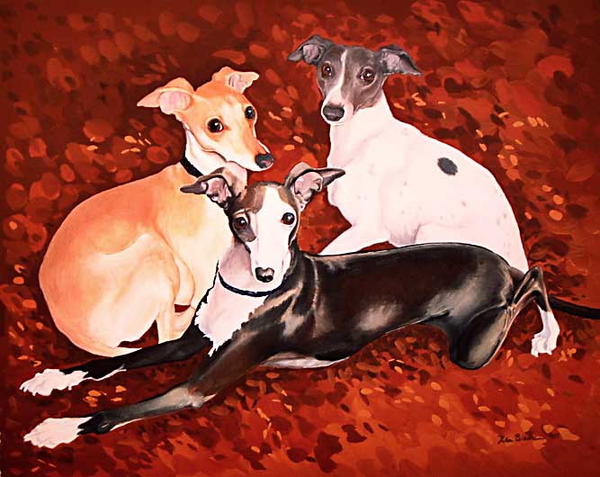 "Three IGs" by Xan Blackburn. Gouache on gessoed panel. Pet portrait, Italian Greyhound, IG, dog, dog portrait "Three IGs" by Xan Blackburn. Gouache on gessoed panel