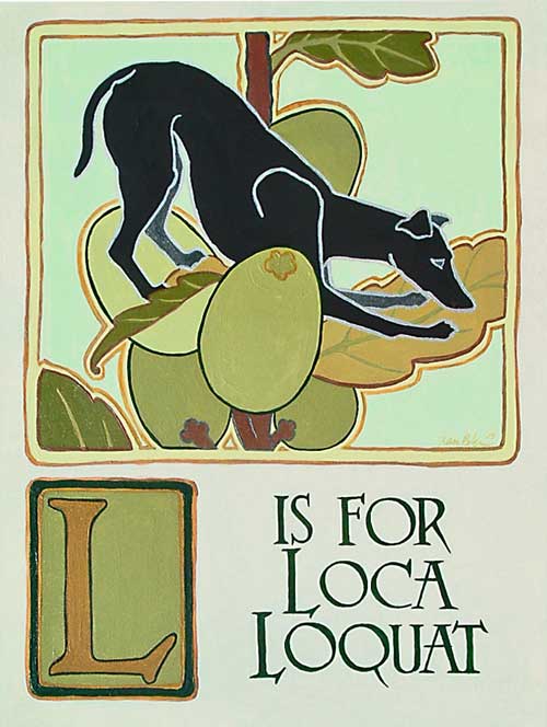 "Loca Loquat", by Xan Blackburn. Gouache on panel. Pet portrait, greyhound, hound, dog, dog portrait "Loca Loquat", by Xan Blackburn. Gouache on panel.