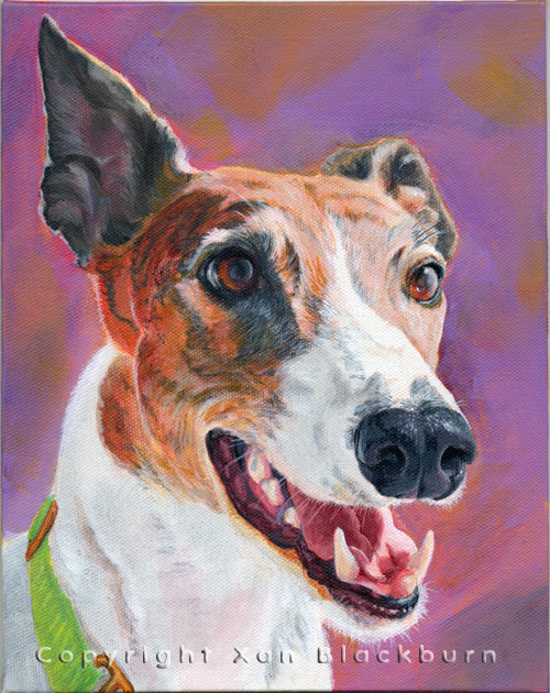 "BeeWiseman" by Xan Blackburn. Acrylic on canvas panel.  Pet portrait, hound, dog, dog portrait