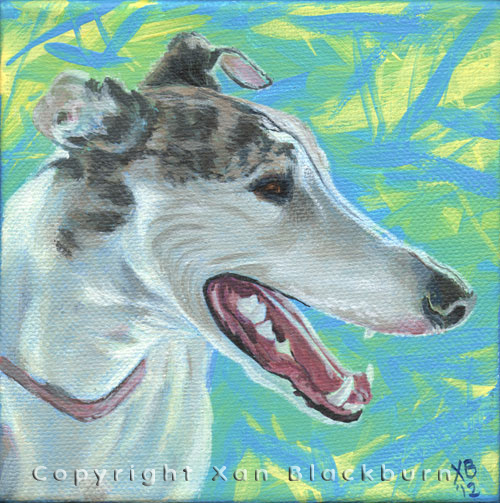 "Fletcher" by Xan Blackburn. Acrylic on canvas panel.  Pet portrait, hound, dog, dog portrait