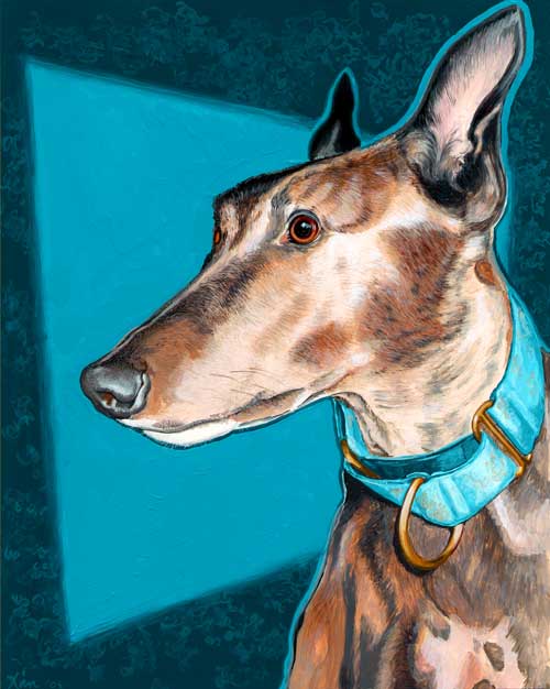 "Rynn" by Xan Blackburn. gouche on panel, greyhound, hound portrait, dog, dog portrait "Rynn" by Xan Blackburn. gouche on panel