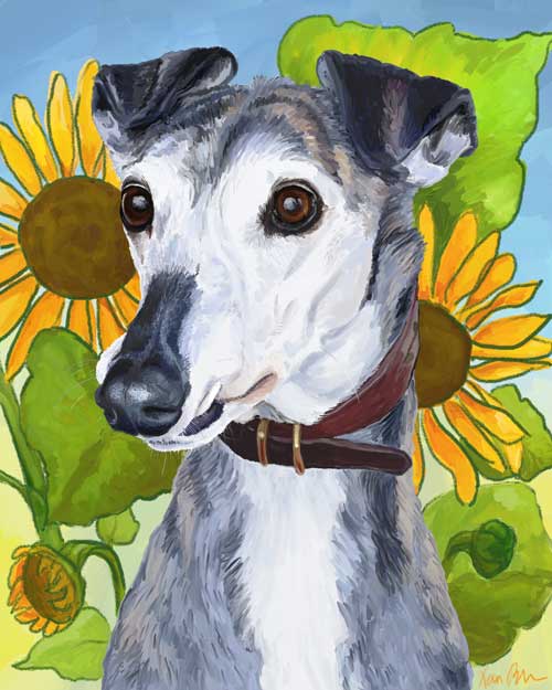 "Sally" by Xan Blackburn. Digital painting. Pet portrait, greyhound, hound, dog, dog portrait "Sally" by Xan Blackburn. Digital painting.