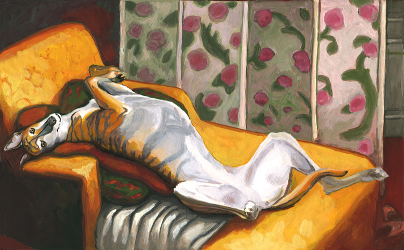 "Odalisque" by Xan Blackburn. Gouache on panel. Pet portrait, greyhound, hound, greyhound portrait, dog, dog portrait "Odalisque" by Xan Blackburn. Gouache on panel